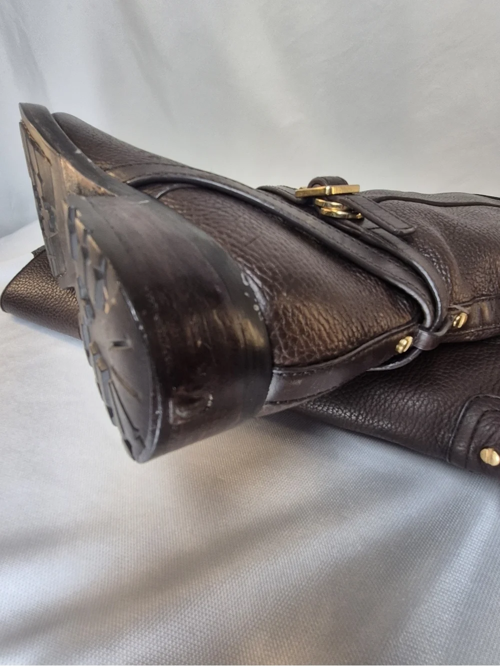 Tory Burch Teresa Women's 9M Riding Boots Brown Pebbled Leather Gold Ligo Buckle